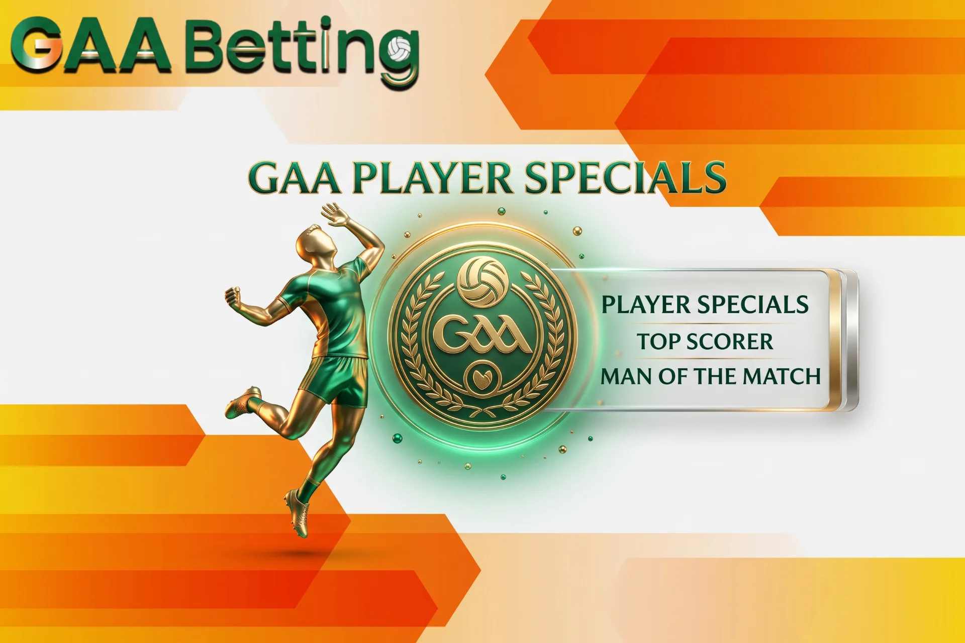 Exciting GAA Betting player specials and top scorer props, featuring a leaping golden footballer statue next to an embossed Celtic GAA medallion.